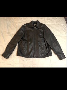 Vintage Old Navy Jacket Mens Large Black Leather Bomber Lined Full Zip 90s Y2K
